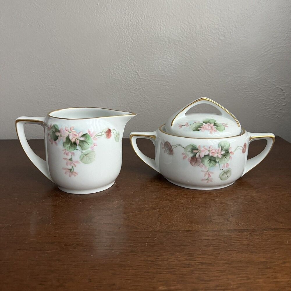 Imperial Austria Creamer & Covered Sugar Pink Floral Hand Painted Signed